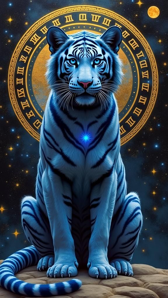 Cosmic White Tiger with Celtic Runes: Watercolour