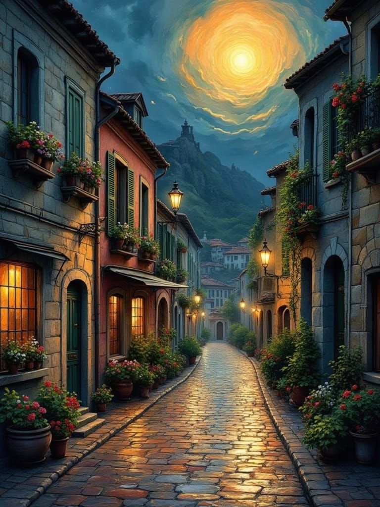 Whimsical European Street Scene at Dusk