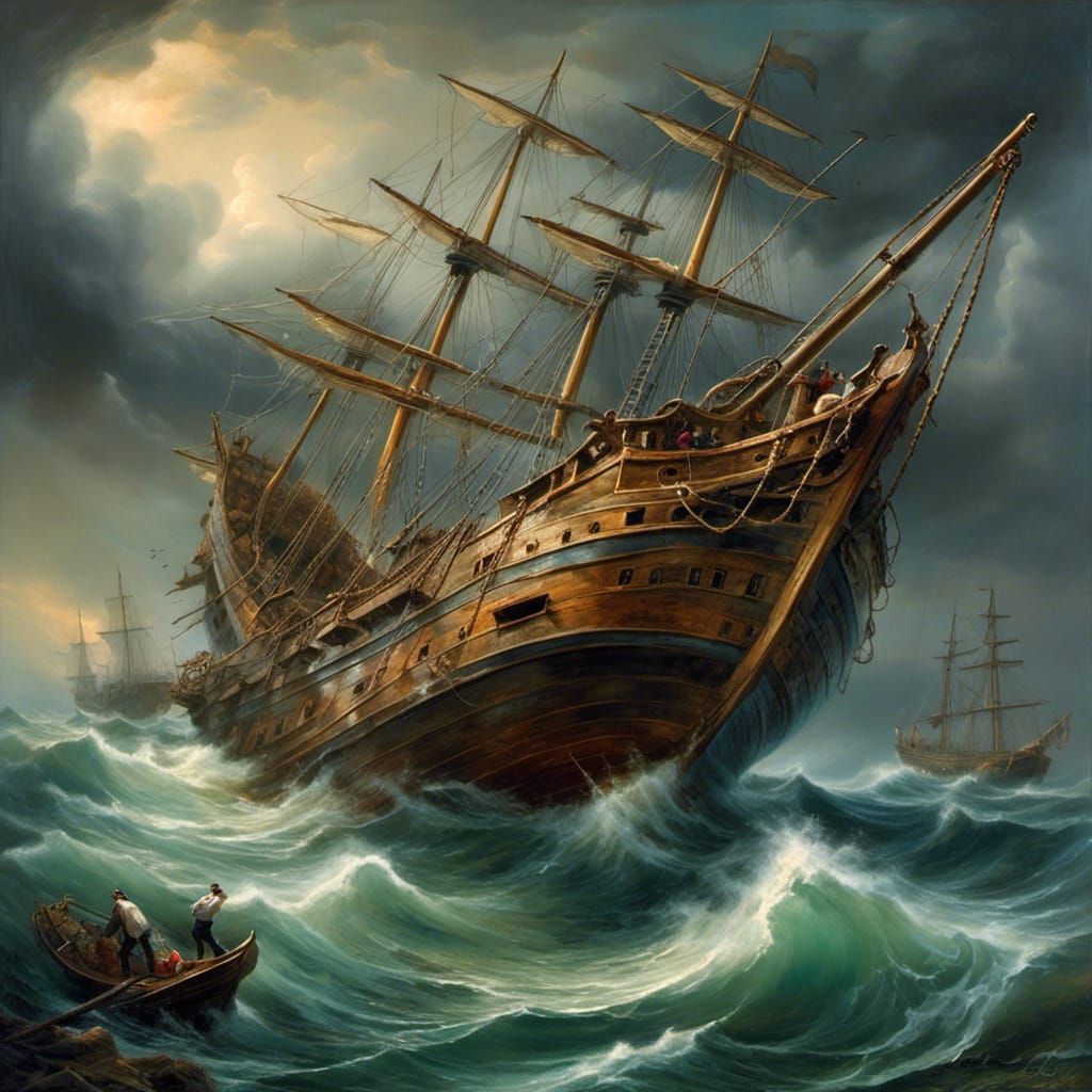 Stormy Seas: Sinking Ship in Dark Fantasy Style