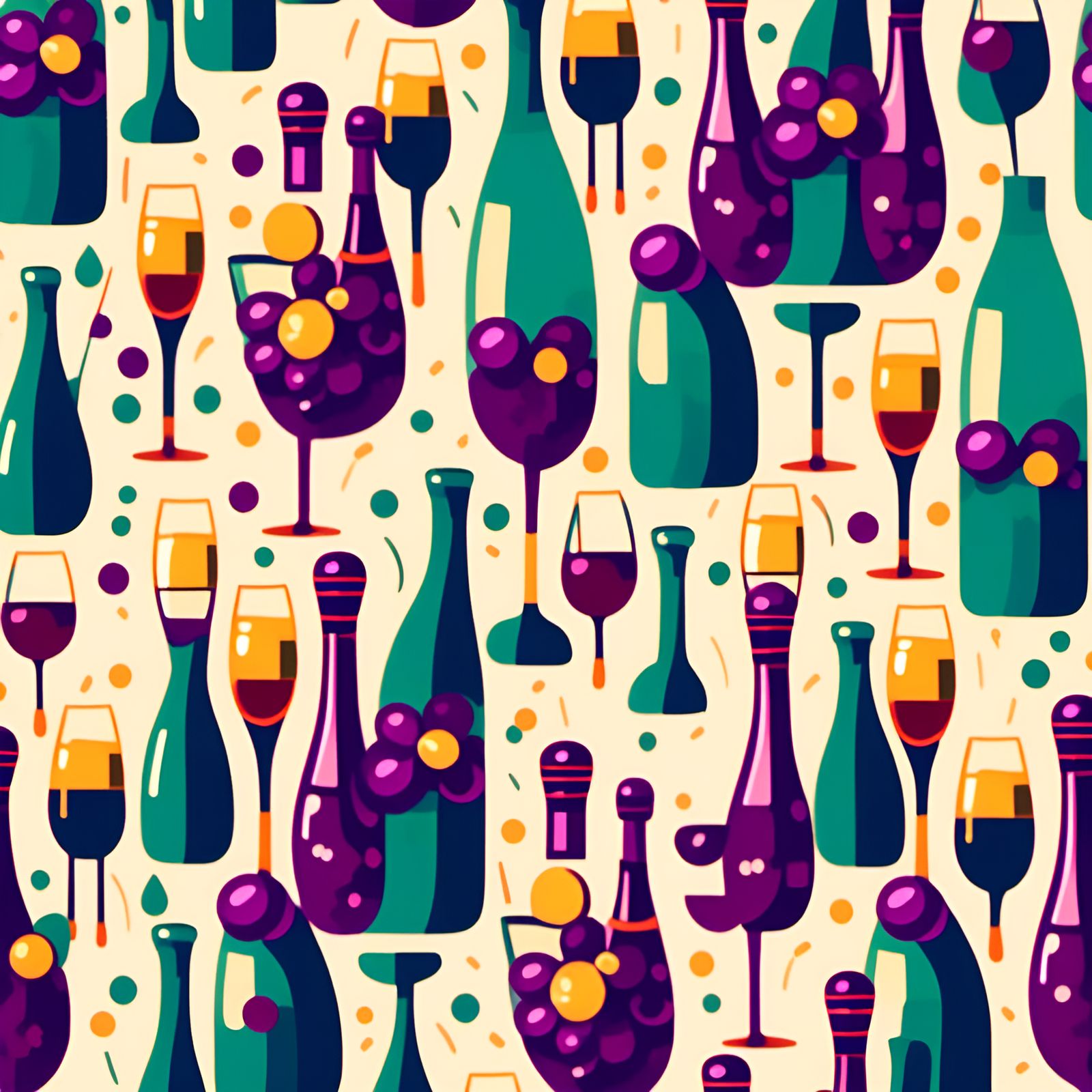 Joyful Champagne Bottles and Grapes in Memphis Style