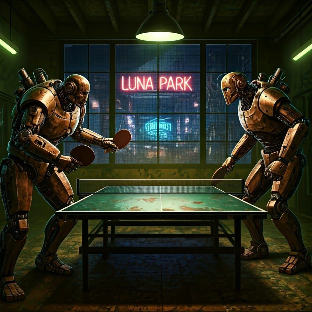 Robots Playing Ping Pong in Frazetta Style