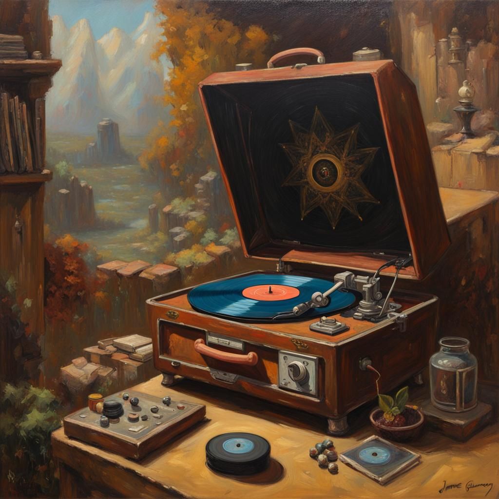 High Fantasy Oil Painting of Vintage Record Player