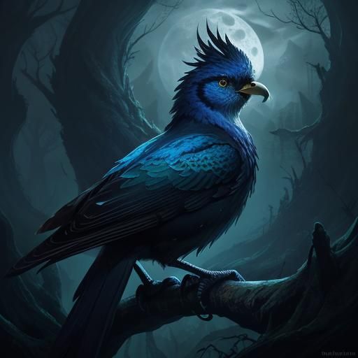 Bird in Gloomy Forest at Full Moon