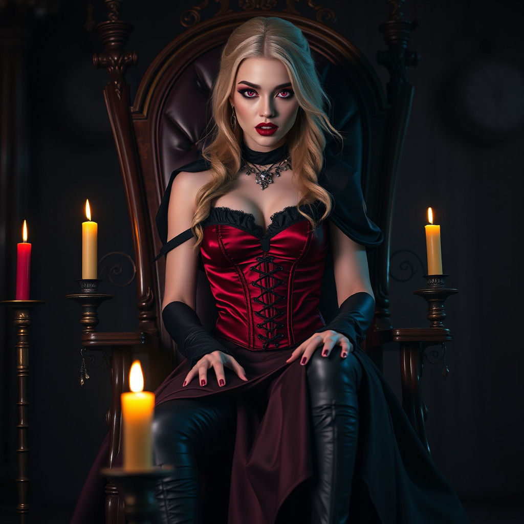 Blonde Vampire with Pink Eyes in Dark Castle