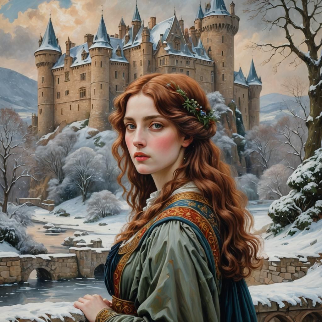 Pre-Raphaelite Woman in Snowy Castle Painting