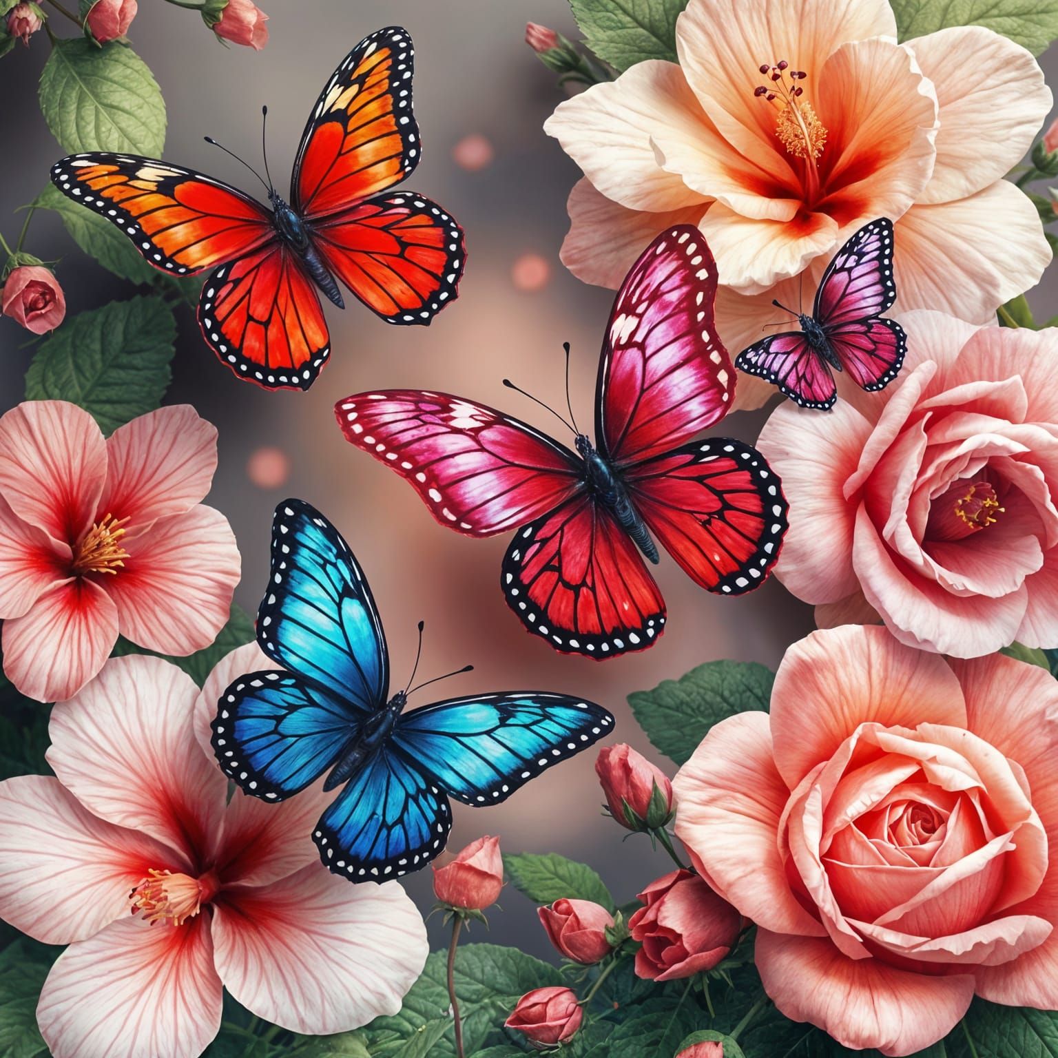 Colorful Butterflies on Hibiscus Flowers and Roses