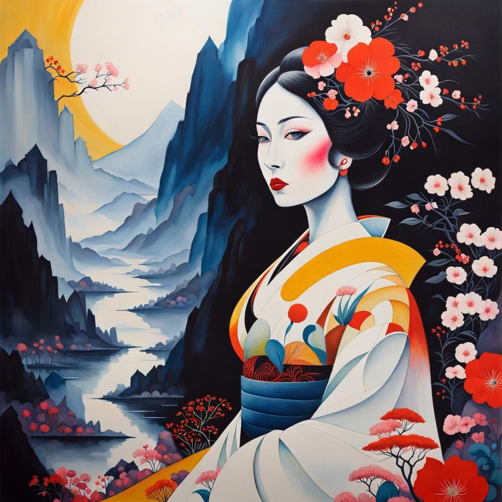 Surreal Geisha in Futuristic Landscape