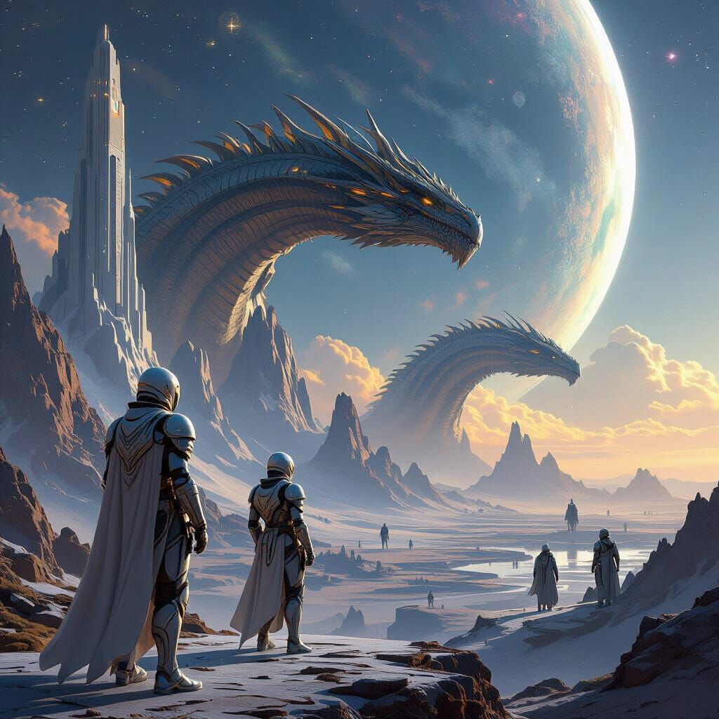 Utopian Alien World with Dragons and Futuristic Guards