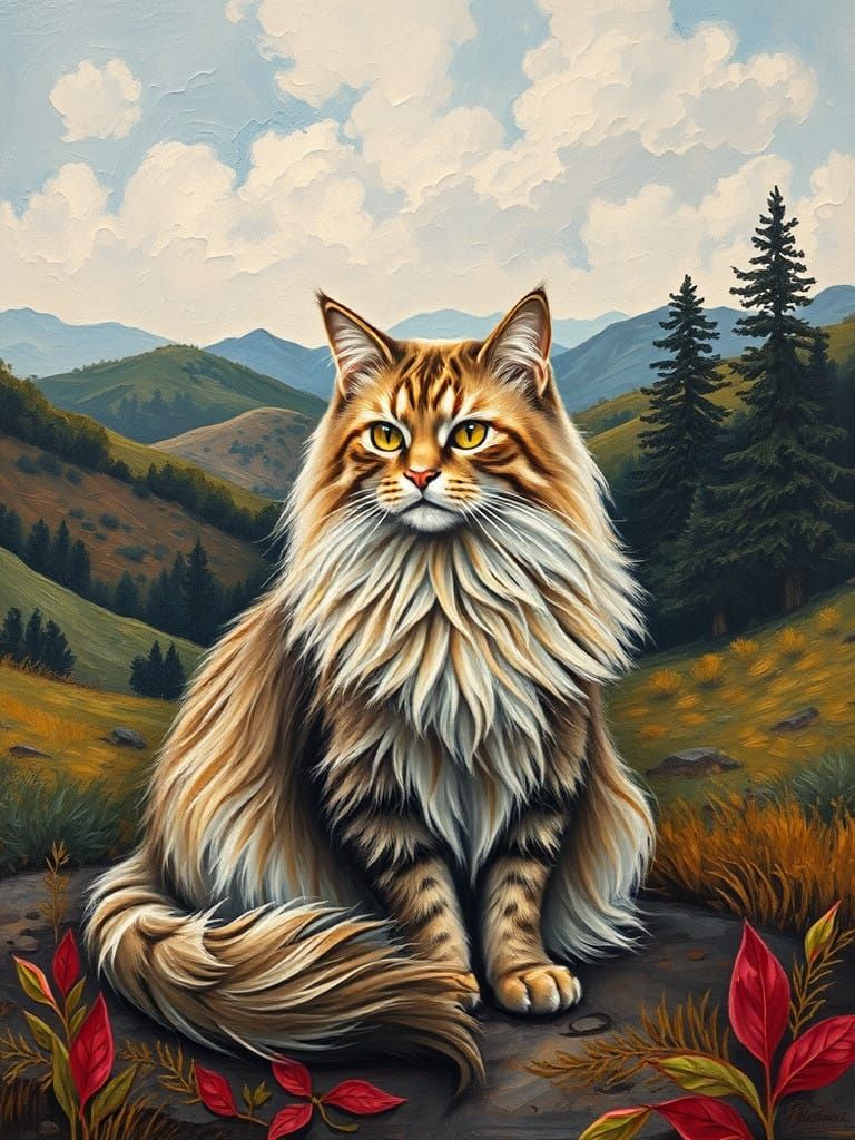 Impasto Painting of Elegant Cat in Majestic Landscape