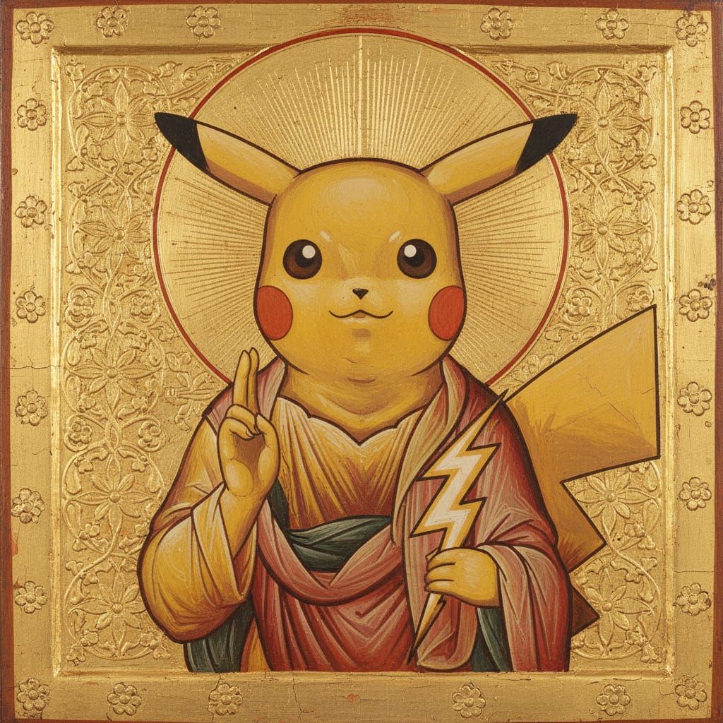 Pikachu as Medieval Saint Icon in Tempera