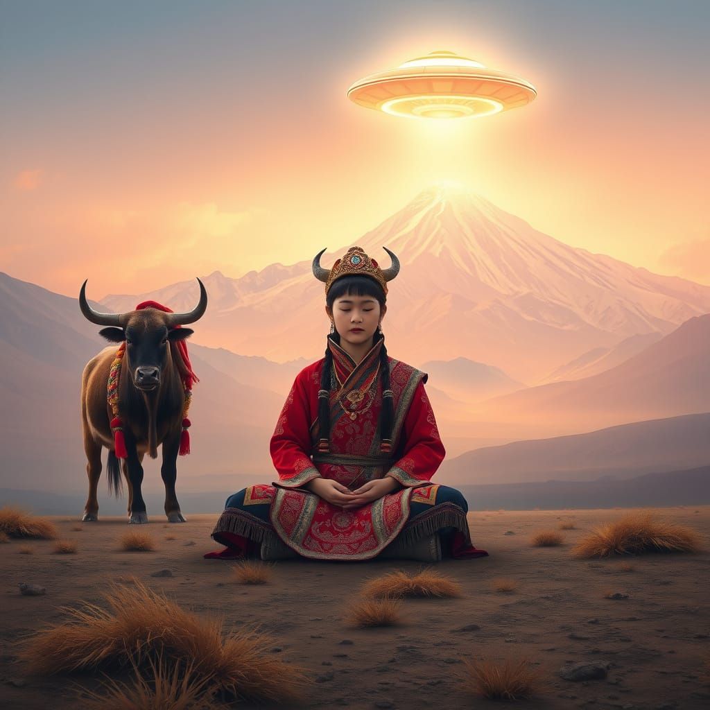 Mongolian Girl Meditates with Ox and UFO in Dreamlike Landsc...