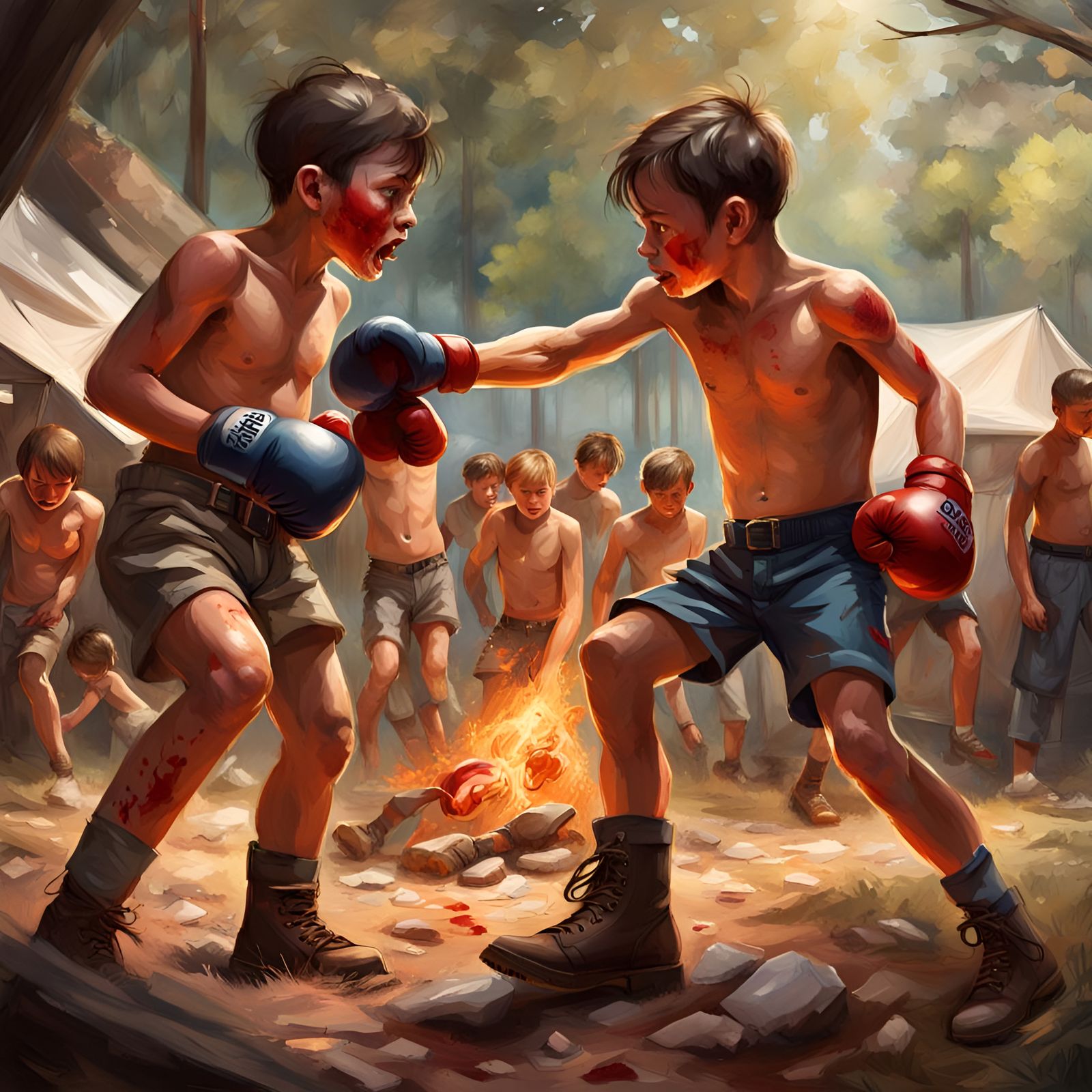 Cub Scouts Boxing Match: Hyperrealistic Campsite Scene