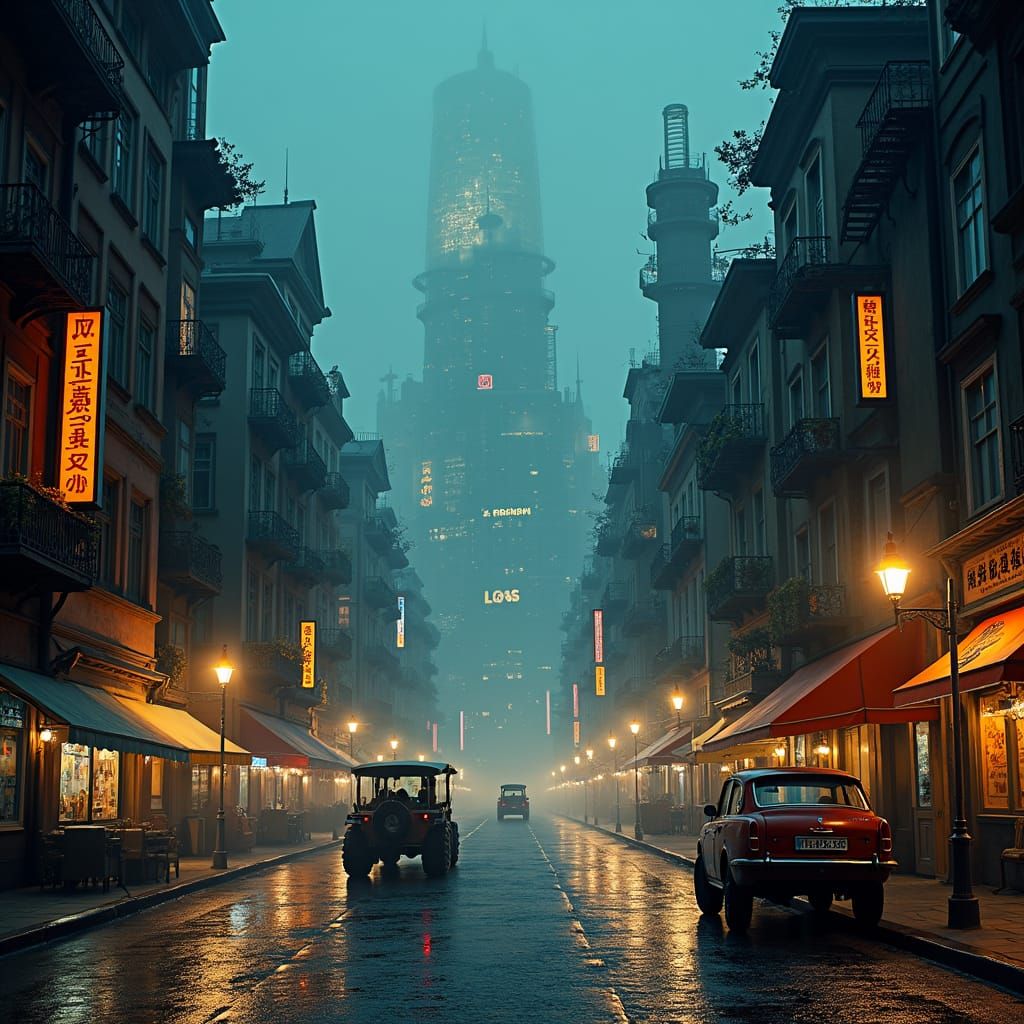 Steampunk Cityscape at Night