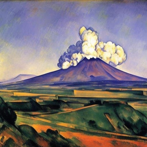 Volcano Painting in Post-Impressionistic Style