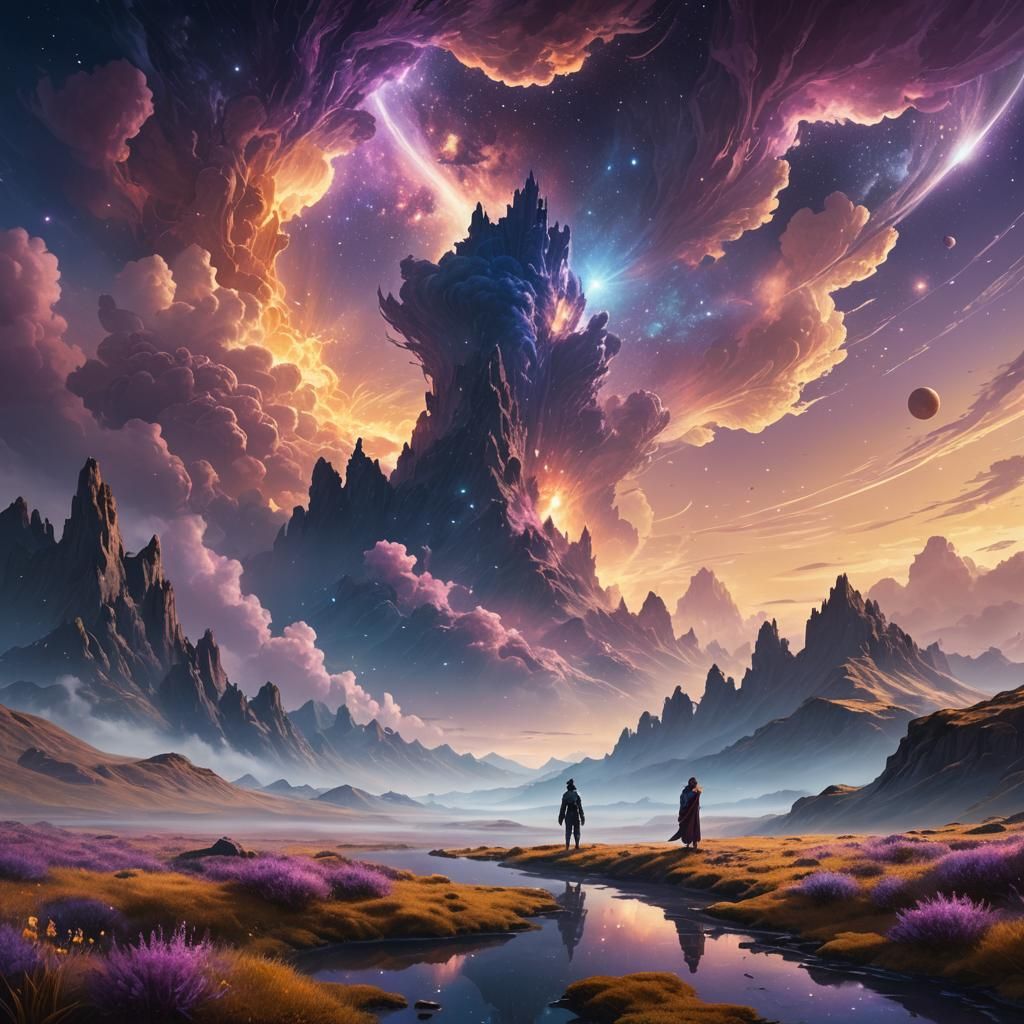 Cosmic Landscape with Lone Figure: Romantic Fantasy Art