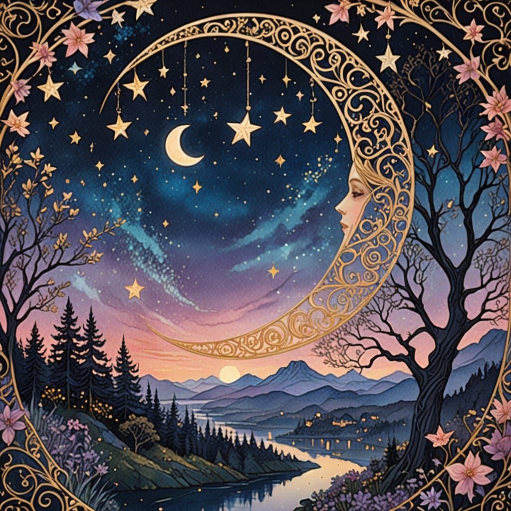 Mystical Crescent Moon in Art Nouveau Style with Gold Filigr...