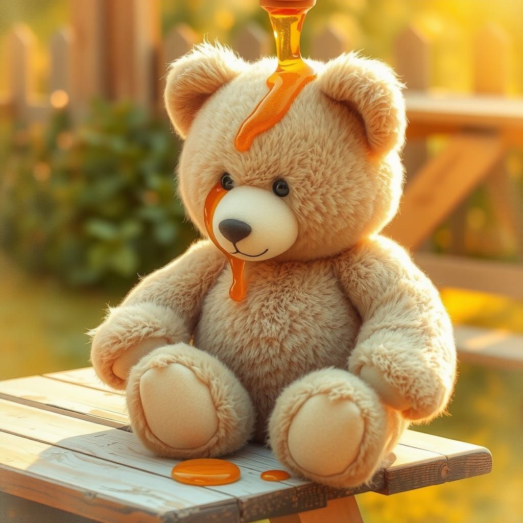Giant Teddy Bear Enjoying Honey, Watercolor Illustration