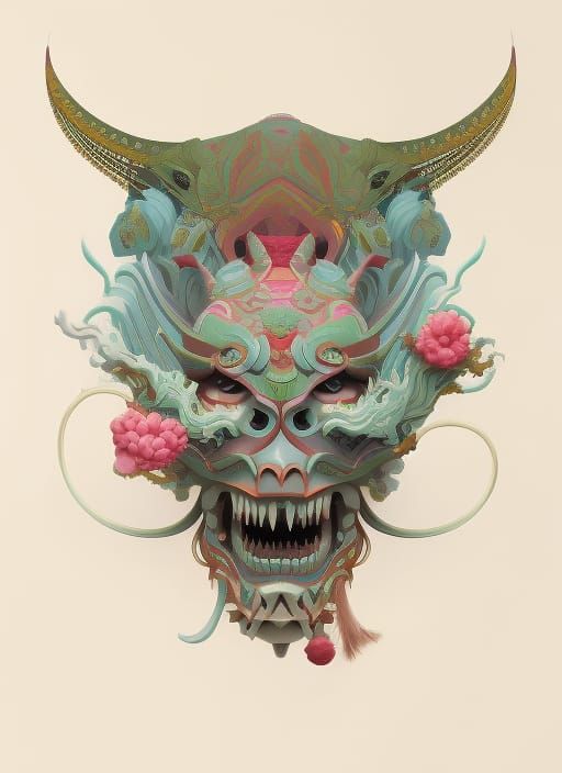 Hyperdetailed Oni Mask in Black Fantasy Style