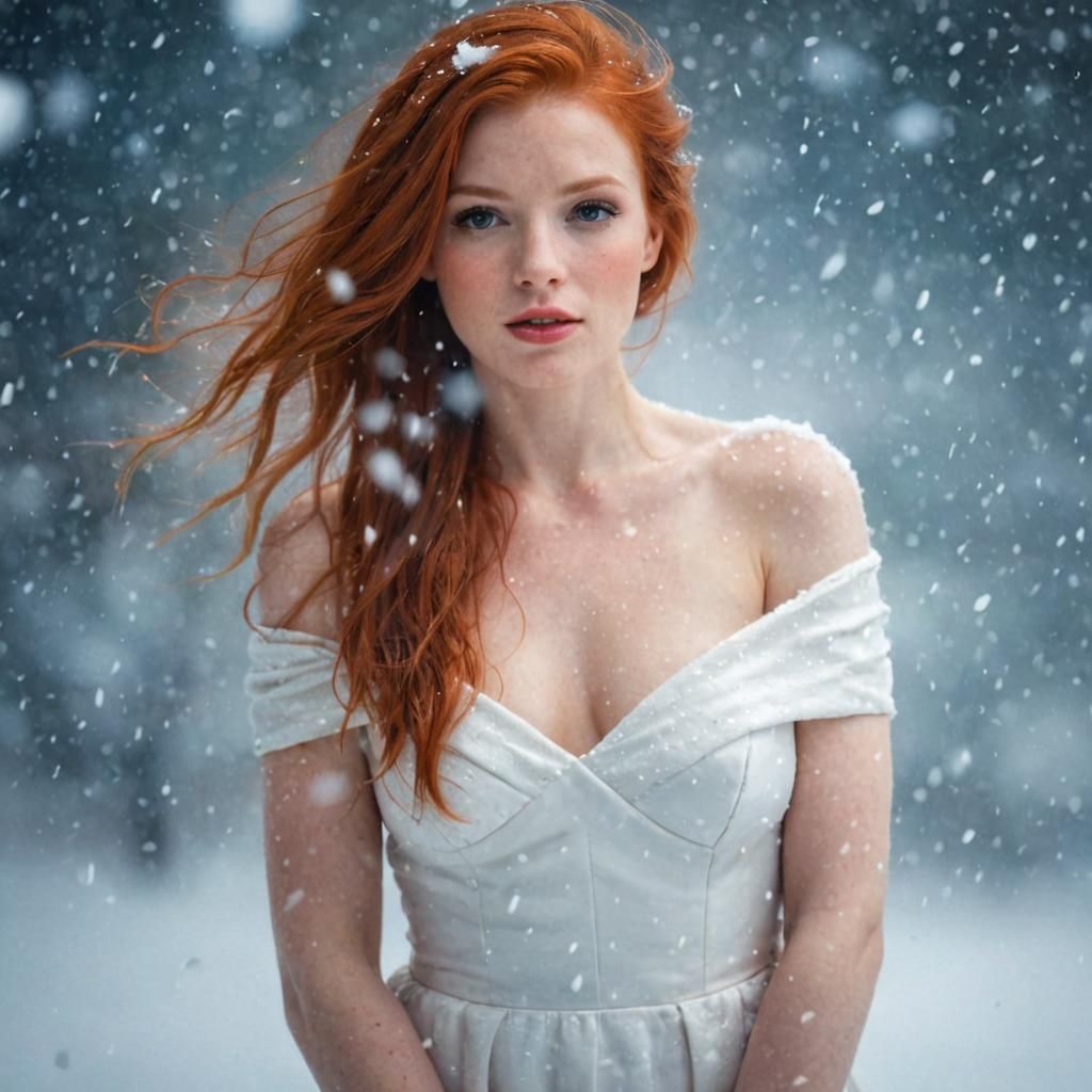 Redhead in White Dress Amidst Snowstorm
