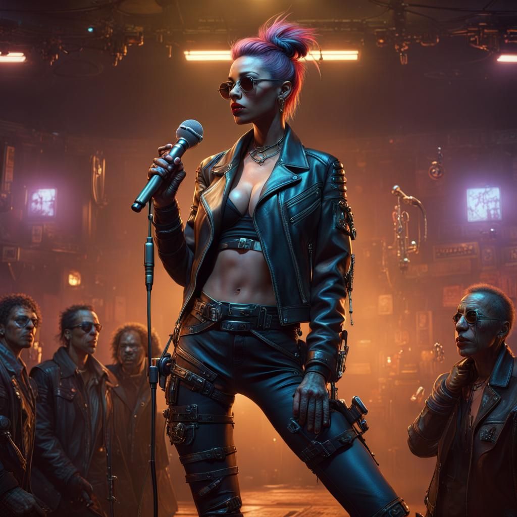 Cyberpunk Singer Performing on Stage in Cyberpunk Style