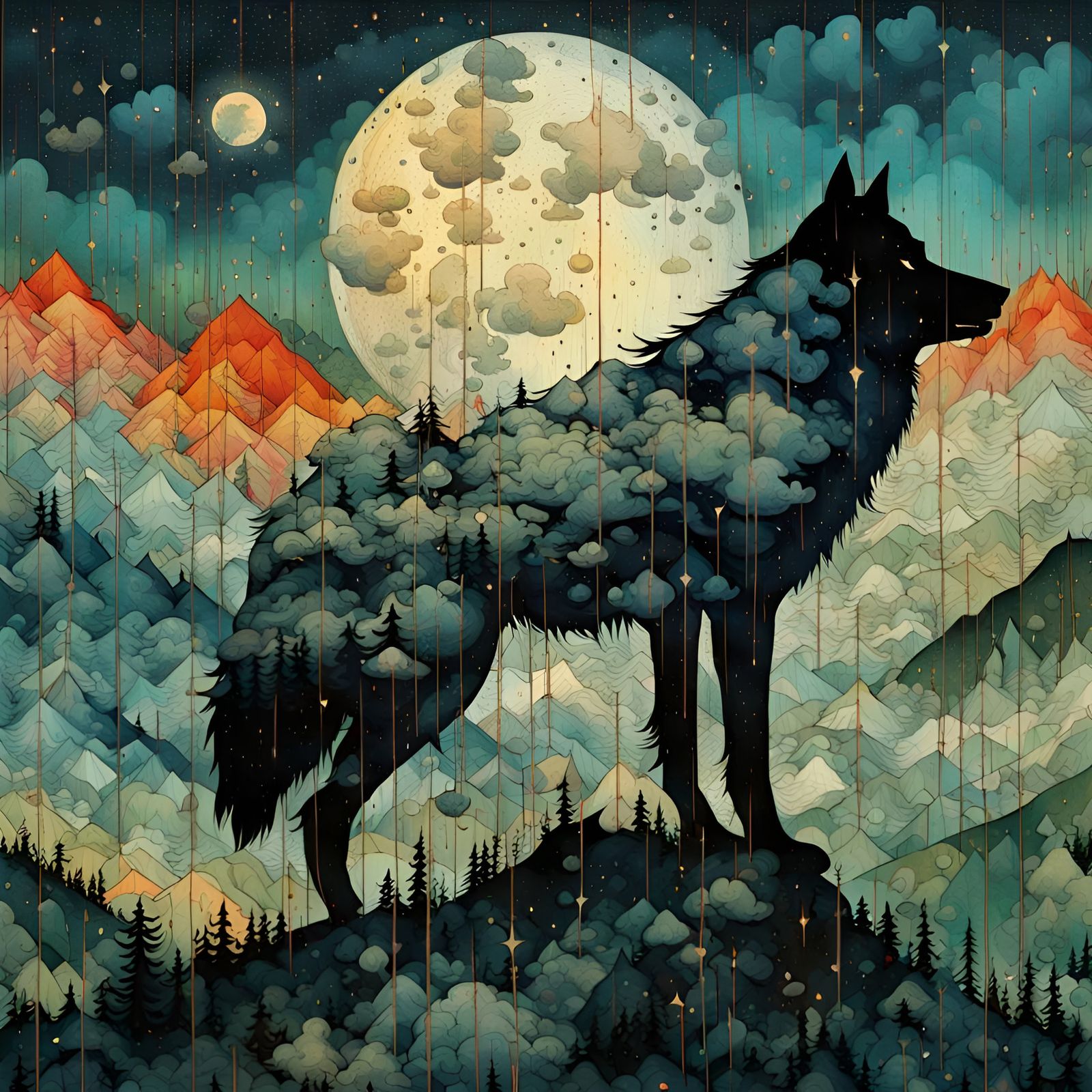 Wolf Howling in Thunderstorm: Double Exposure Art