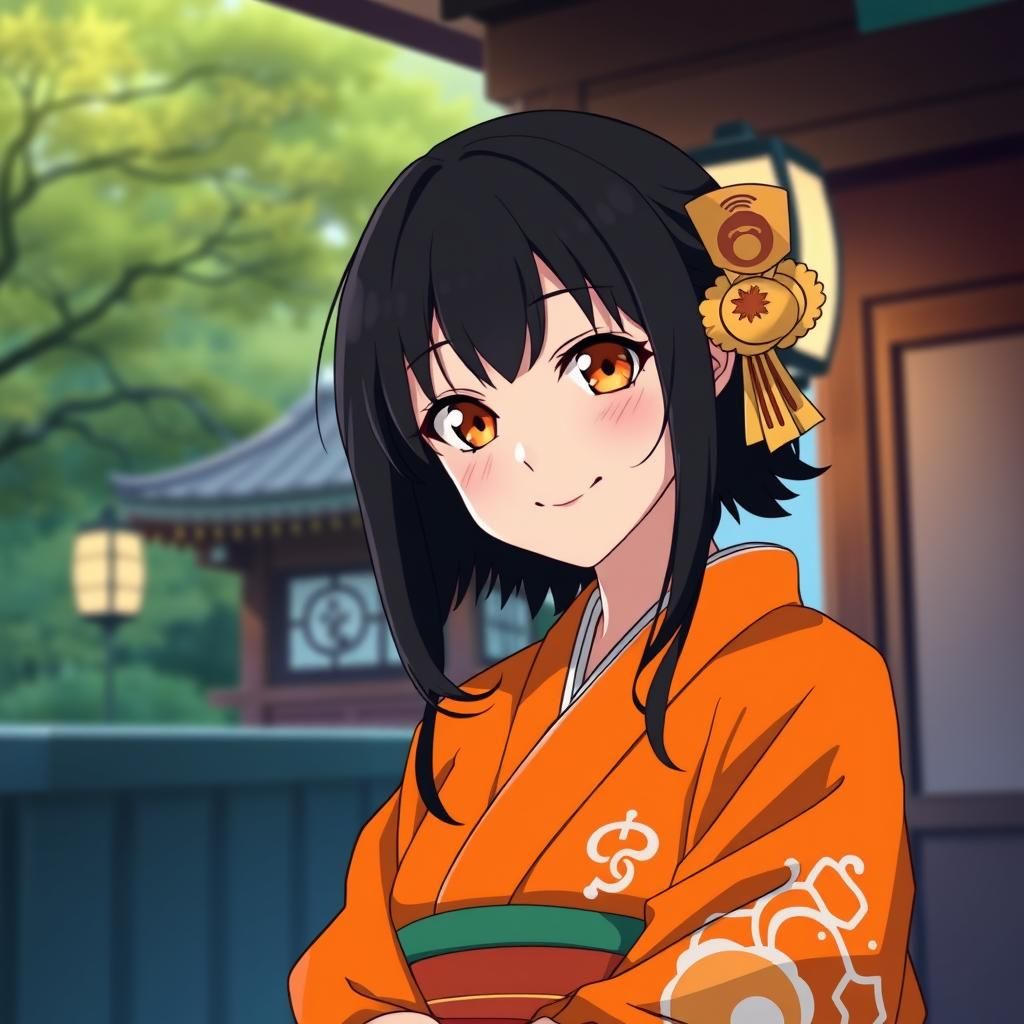 Smiling Woman in Kimono at Shrine, Anime Style