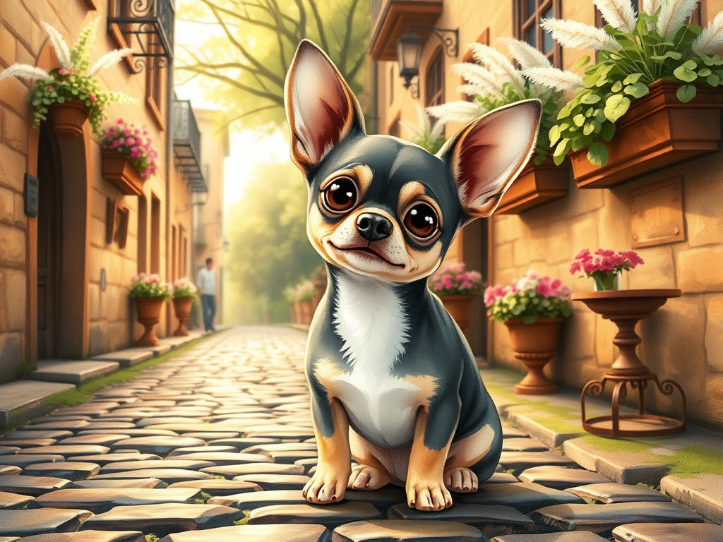 Chihuahua in Watercolor, Old-World Street Scene