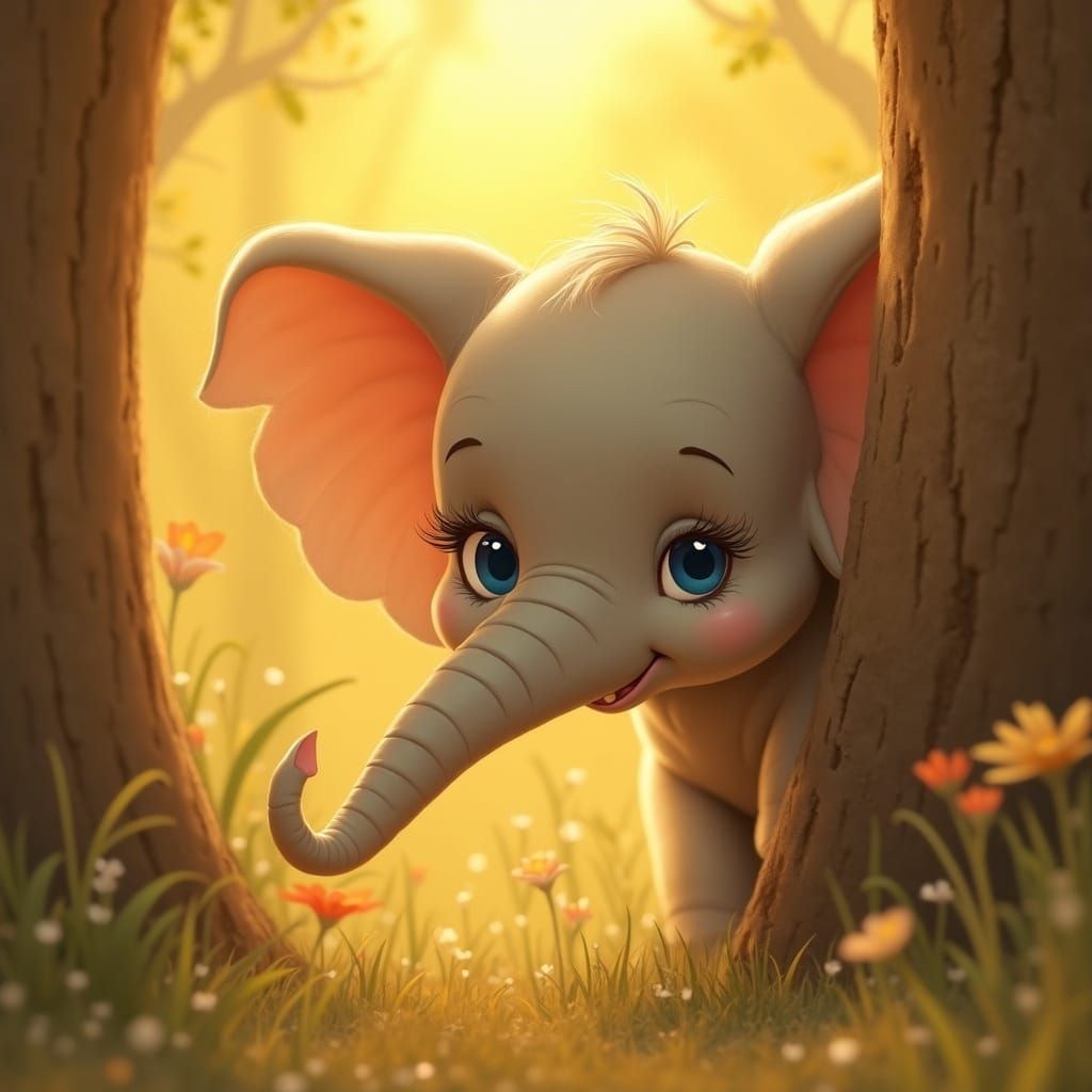 Adorable Baby Elephant Peeking from Tree in Golden Sunlight