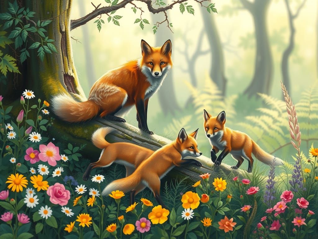 Vibrant Fox Family in a Sun-Dappled Forest