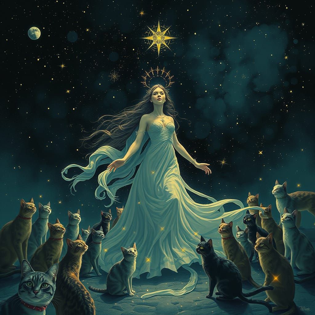 Venus with Cats Under Starry Sky, Digital Art