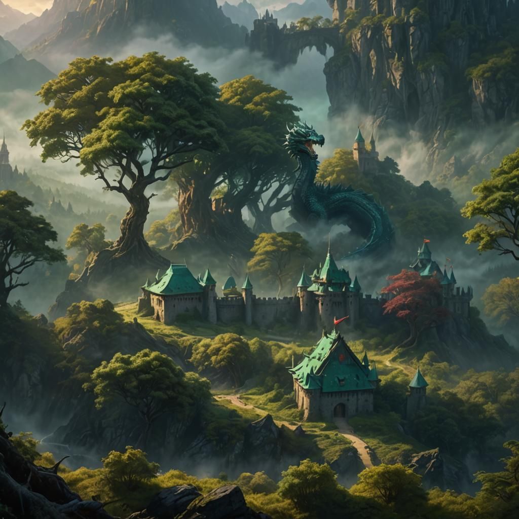 Majestic Dragon Guarding Mystical Castle in Misty Forest