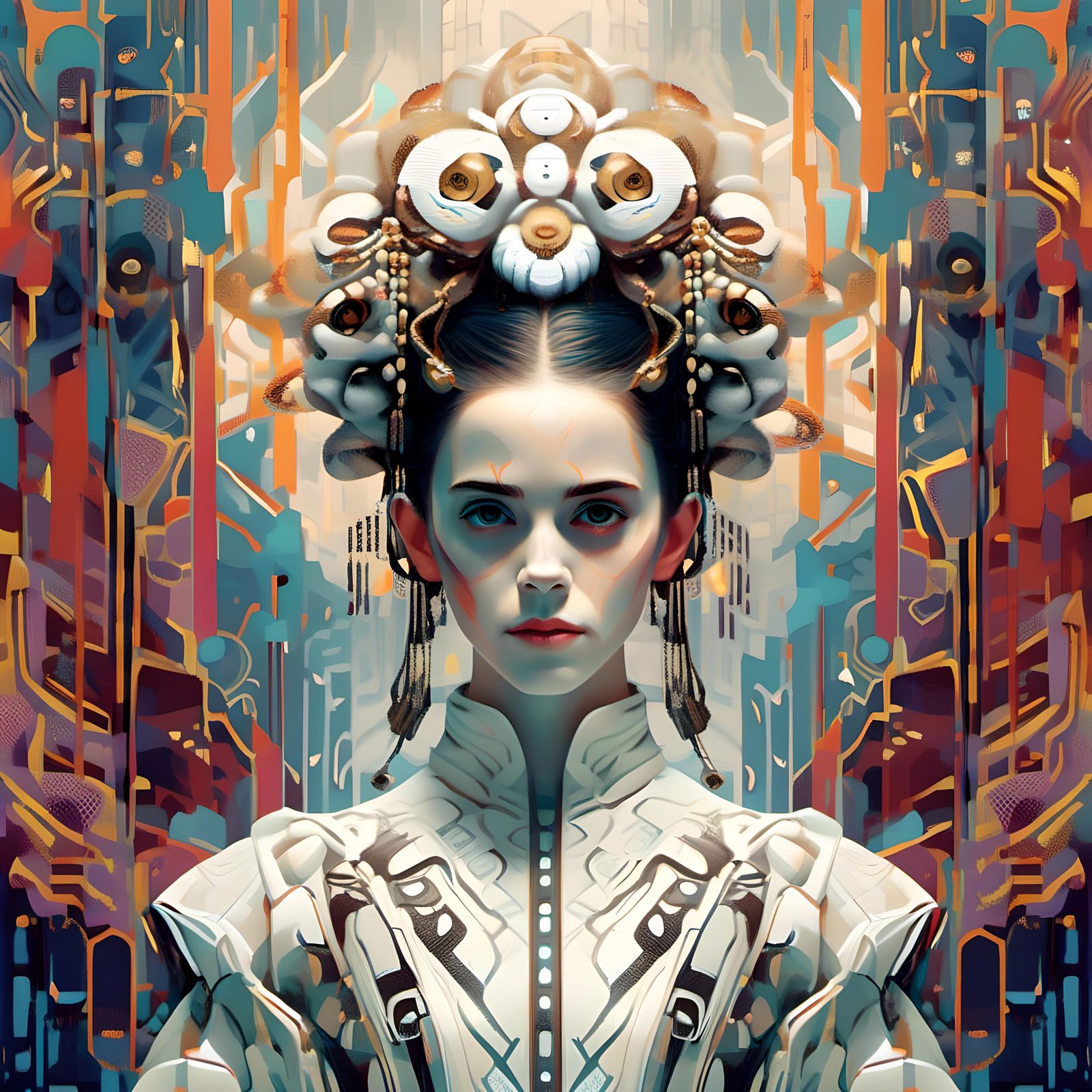 Albino Geisha in Sci-Fi Setting, Klimt-Inspired Digital Art
