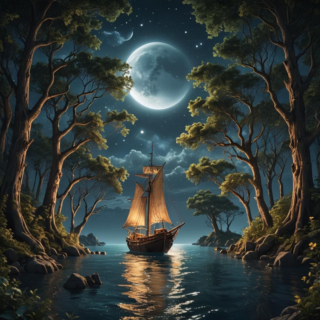 Moonlit Ocean Boat Amidst Starry Forest: 8K Photography