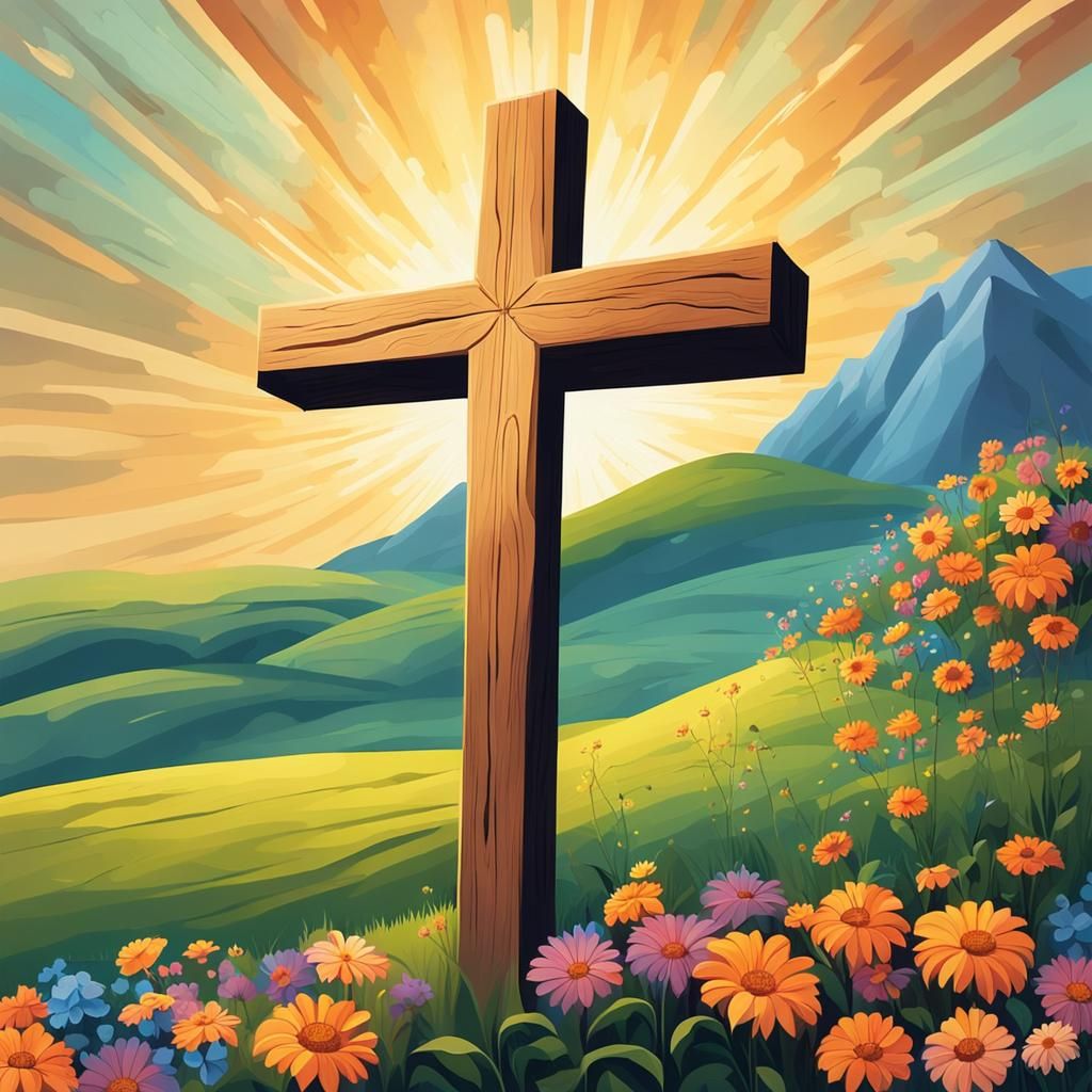Sunlit Cross on Hill in Surreal Colors
