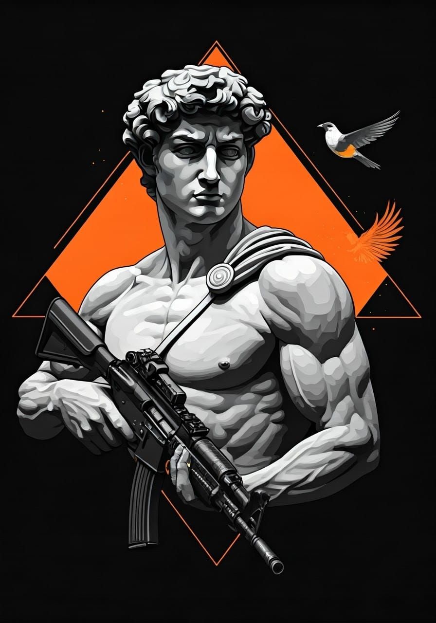 Statue Holding Assault Rifle with Geometric Design