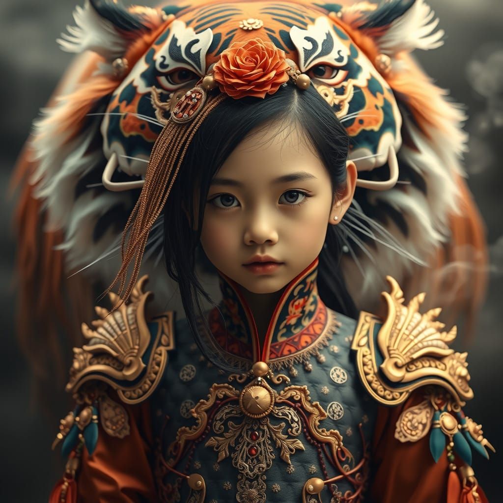 Ethereal Cyberpunk Goddess with Chinese Tiger