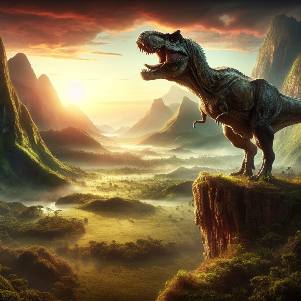Majestic Tyrannosaurus Rex Roaring in Prehistoric Landscape