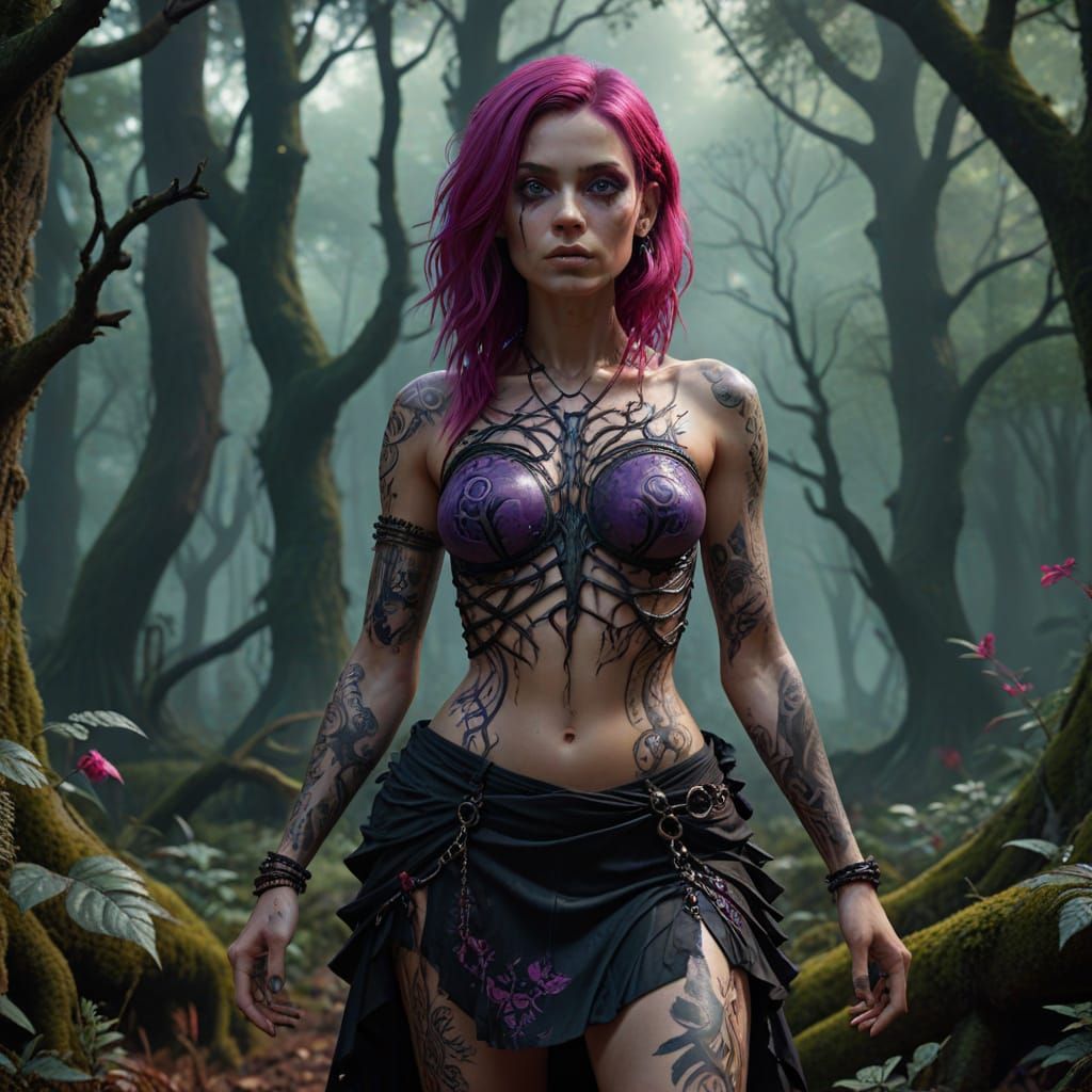 Psychedelic Gothic Woman in Haunted Forest: Digital Art