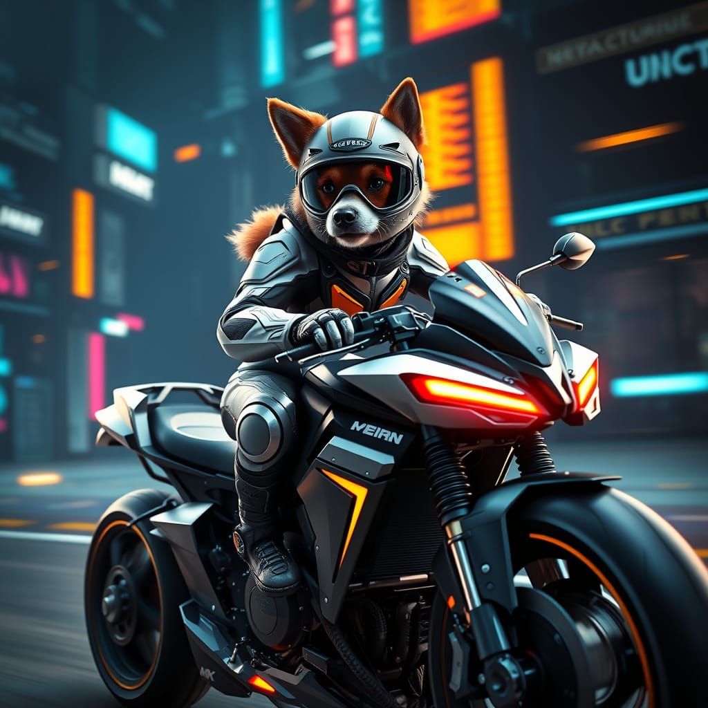Canine Racer in Futuristic Motorbike Chase