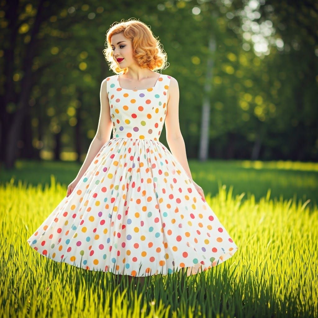 Retro Polka Dot Dress in Sunlit Meadow