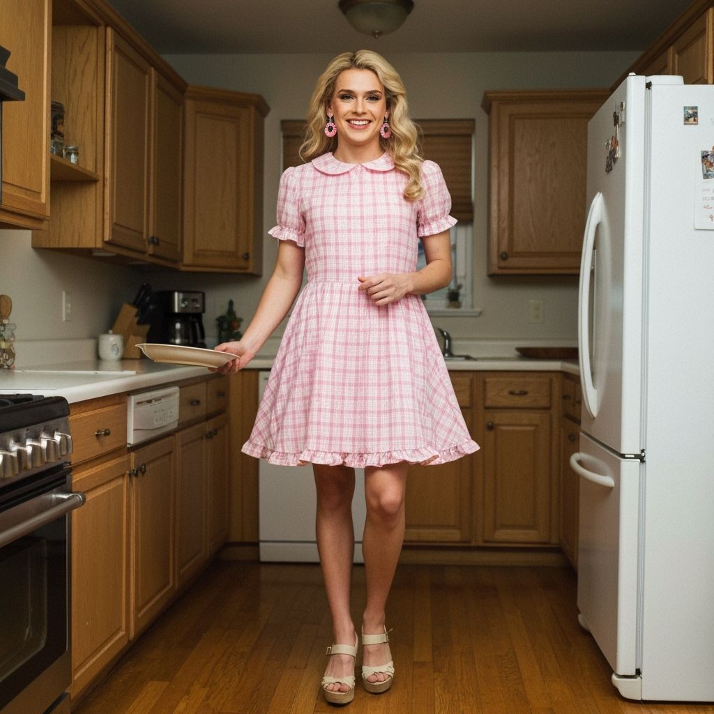 Young Man in Frilly Dress in Kitchen