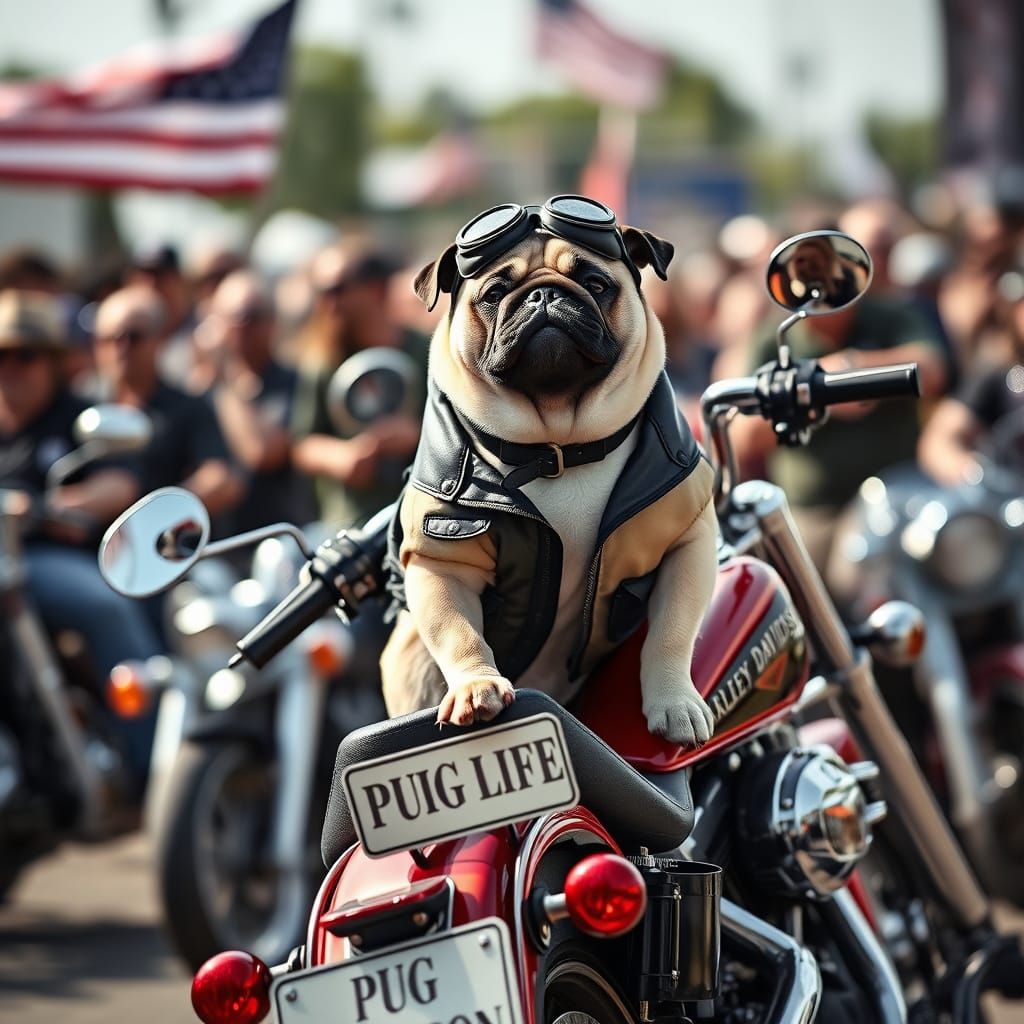 Pug Dog Rides Harley Davidson at Rally in Vintage Motorcycle...