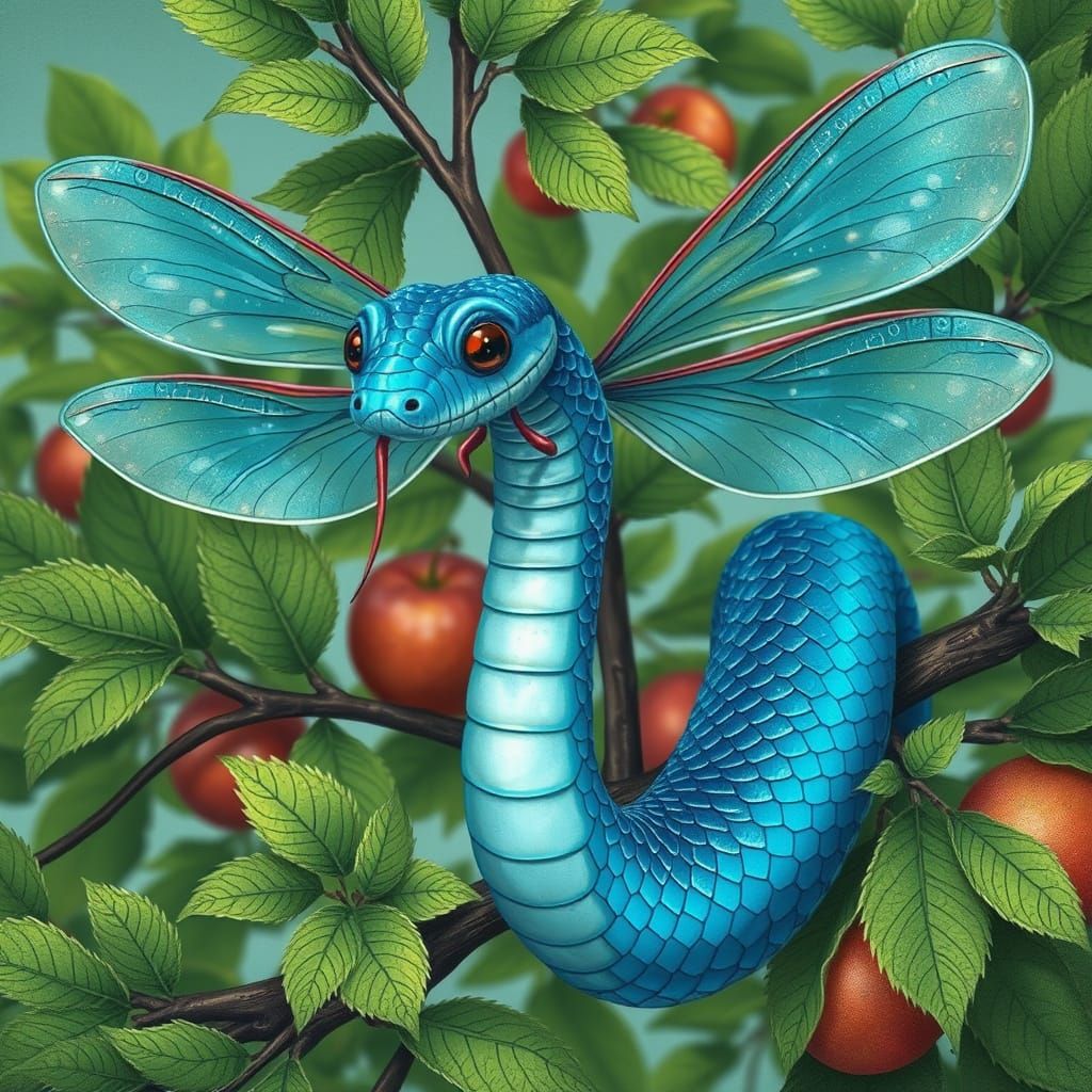 Winged Blue Serpent on Apple Tree
