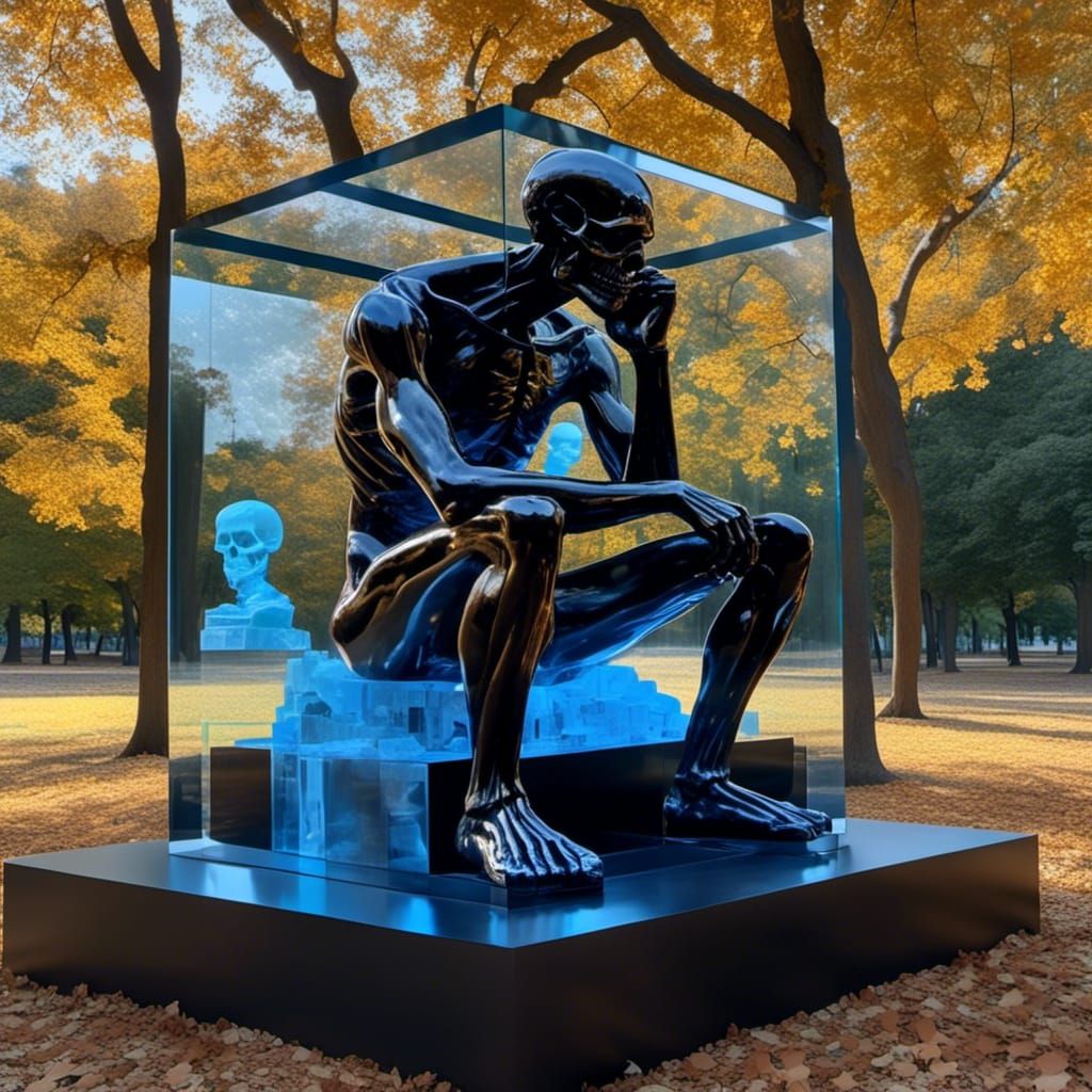 X-Ray Thinker in Glass Cube at Midnight