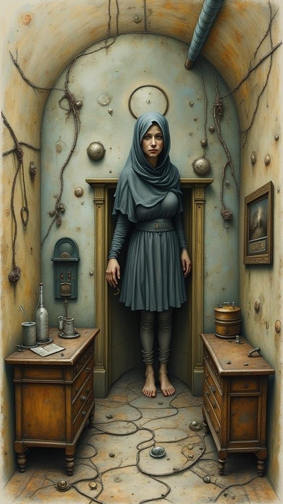 Ethereal Peasant in a Muted Metal Barcode Room