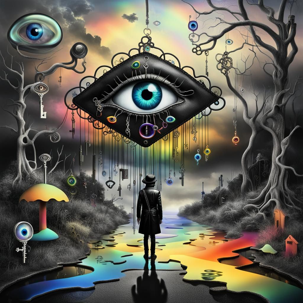 Surreal Keys Floating in Dreamlike Landscape