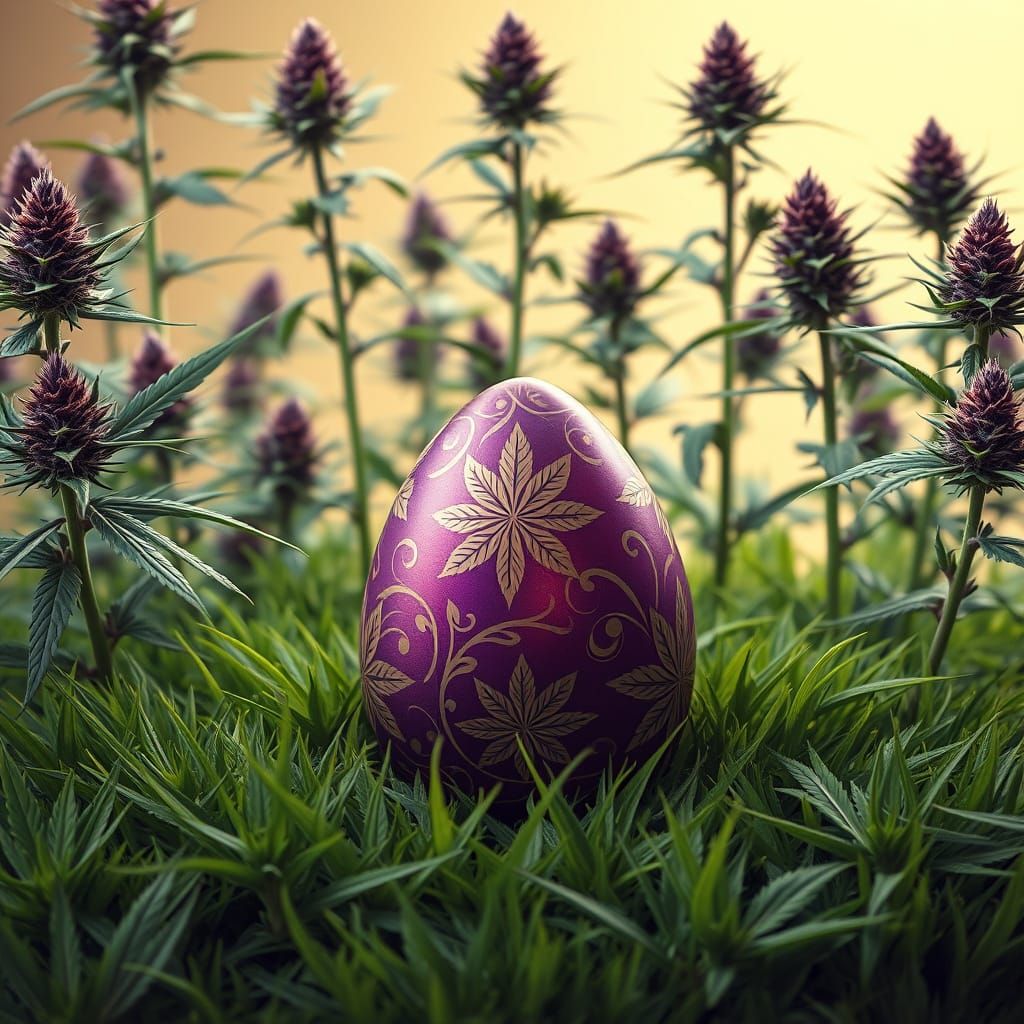Elegant Plum-Purple Easter Egg Amidst Cannabis Foliage in a ...