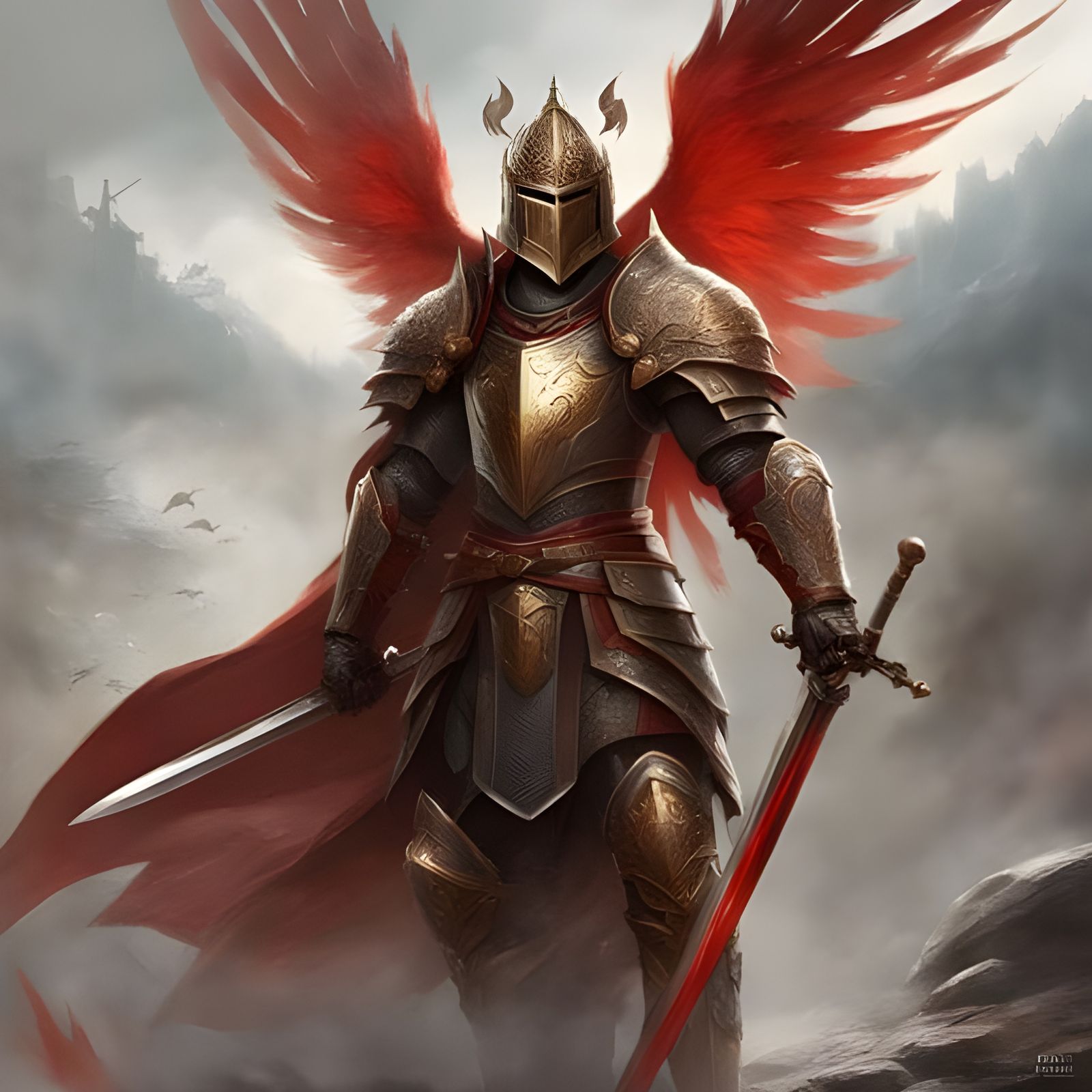 Brave Knight Angel Portrait in Red Armor