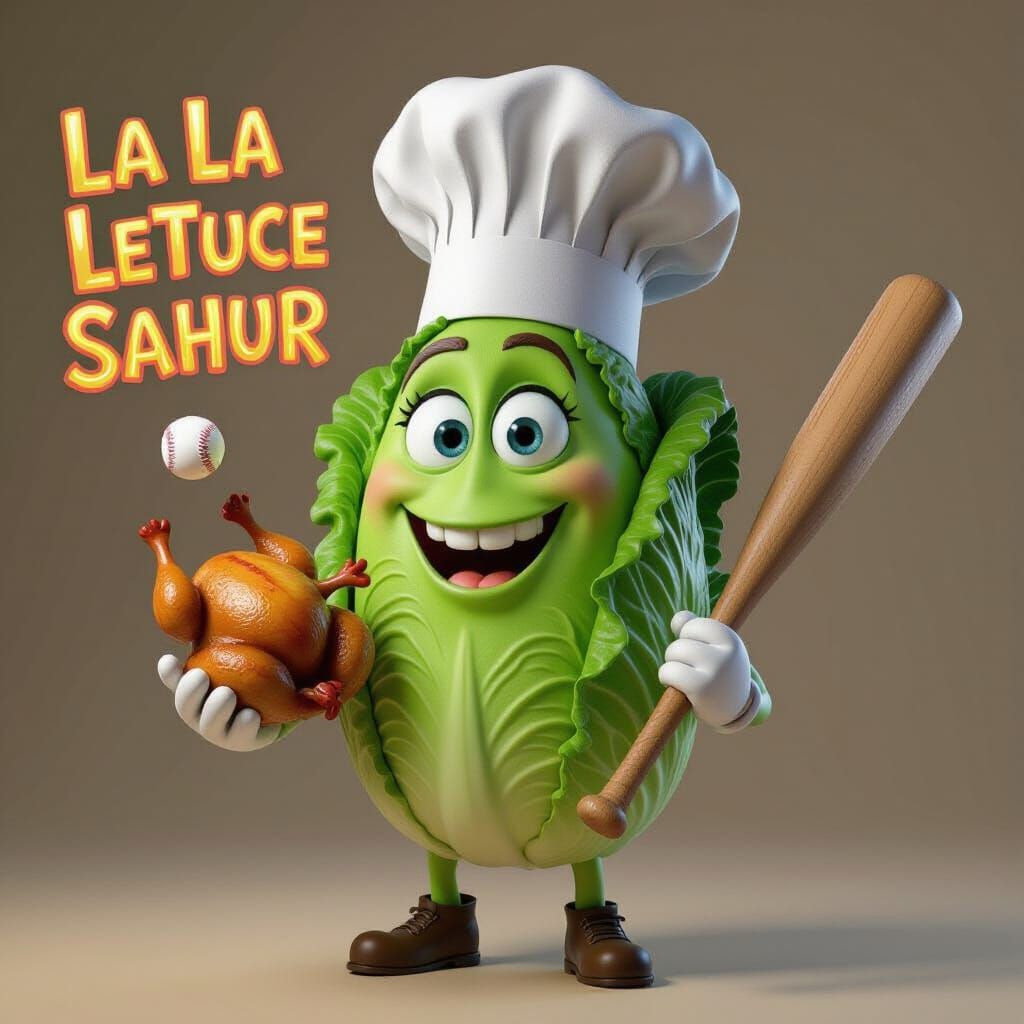 Anthropomorphic Lettuce Holds Chicken and Bat