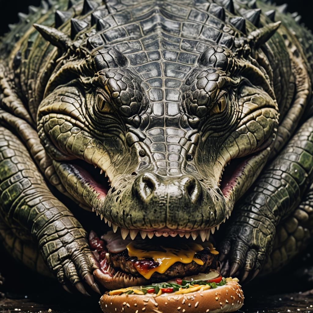 Crocodile's Hamburger Feast: A Hyperrealistic Portrait
